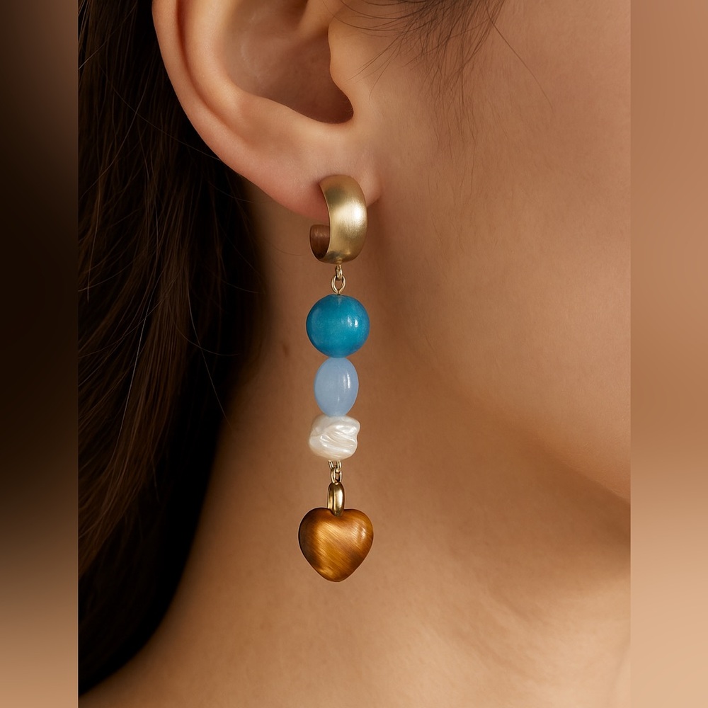 Serefina Anthropologie Sterling Silver Tiger Eye Heart Gem Earrings Y2K style